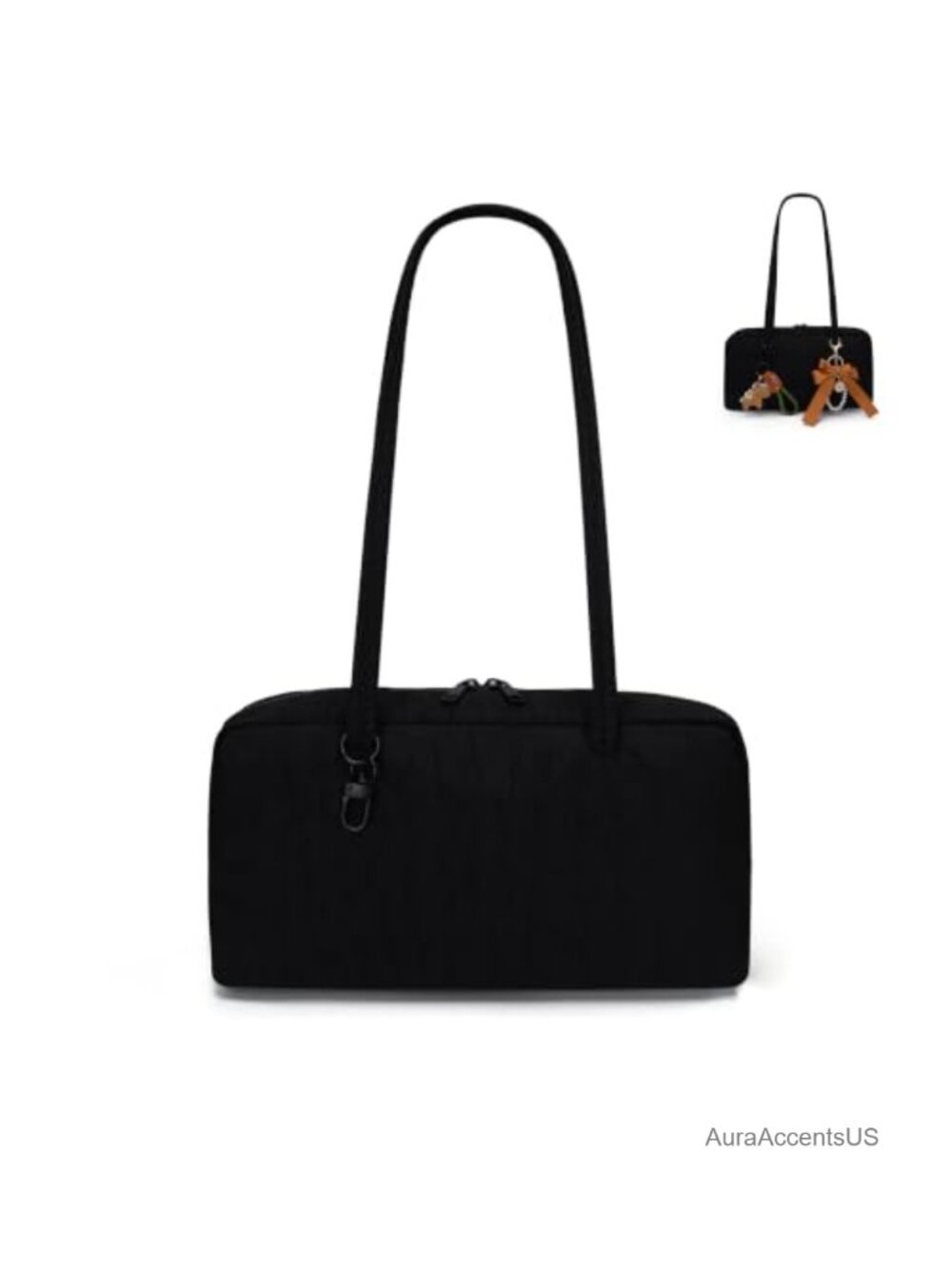Nylon Slouchy Bowler Bag Lightweight Crescent Shoulder Handbag with Charm Loop